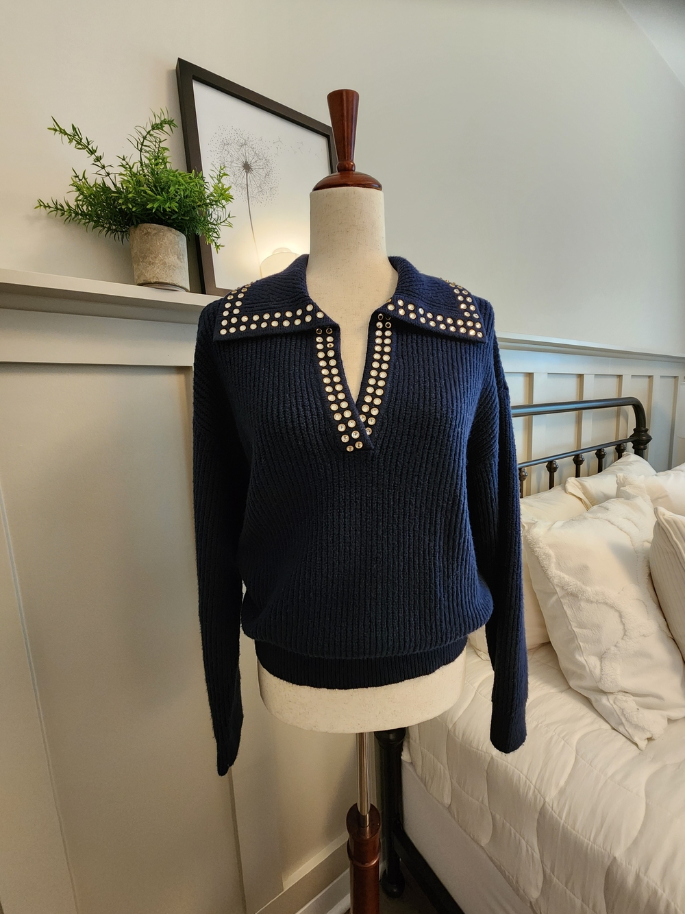 LOFT Navy Stud-Trim Knit Sweater with Polo Collar